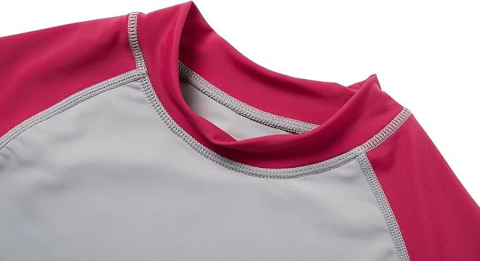 HMILES Girls Short Sleeve Rash Vest Size 9-10 Years - UPF 50+ Kids Swim Top | Quick Dry UV Rash Guard - Grey / Red