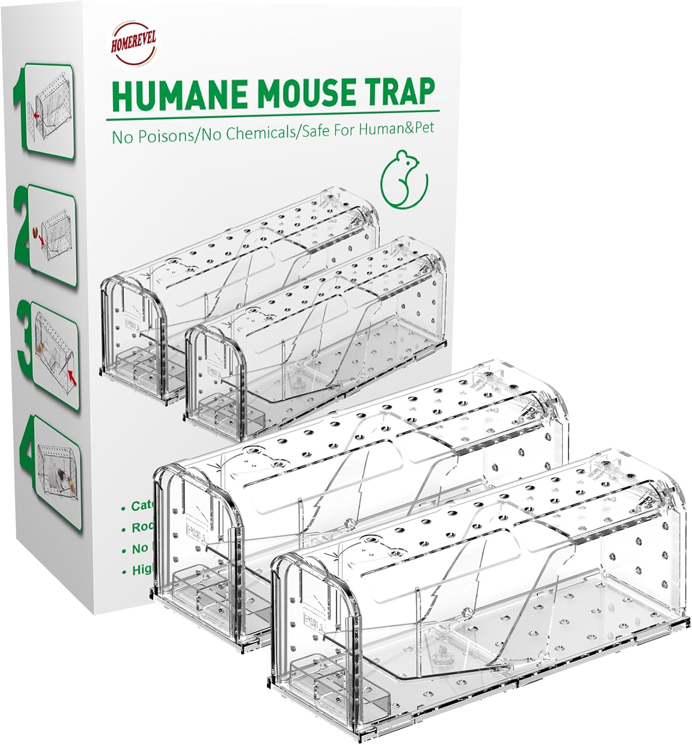 HOMEREVEL - Humane Mouse Traps (2-Pack) - No Kill, Catch & Release! Safe for Kids & Pets - No Poison, No Chemicals - Effective for Rats & Mice