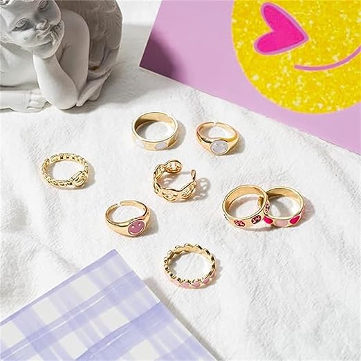 Stackable Preppy Rings Haooryx 8Pcs Preppy Smile Y2K Rings – Funky Heart Retro Gold-Plated St ...