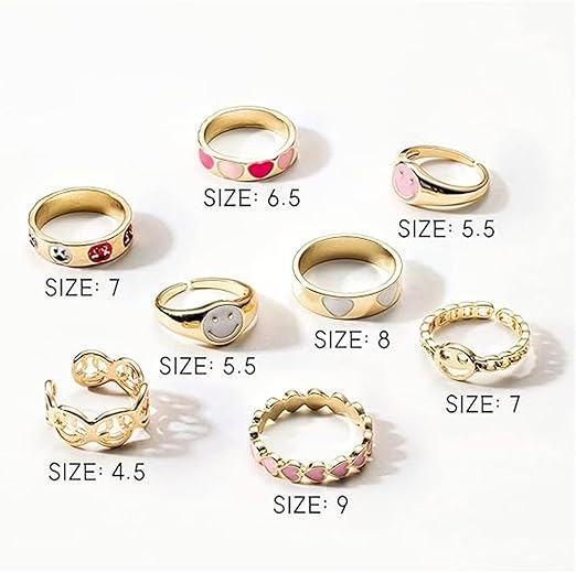 Stackable Preppy Rings Haooryx 8Pcs Preppy Smile Y2K Rings – Funky Heart Retro Gold-Plated St ...