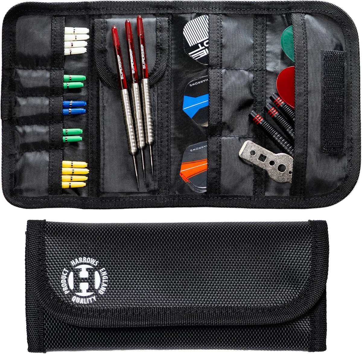 Harrows England Blaze 3 Darts Wallet - Professional Black Darts Case Holds 3 Fully Assembled Darts + 50 Accessories