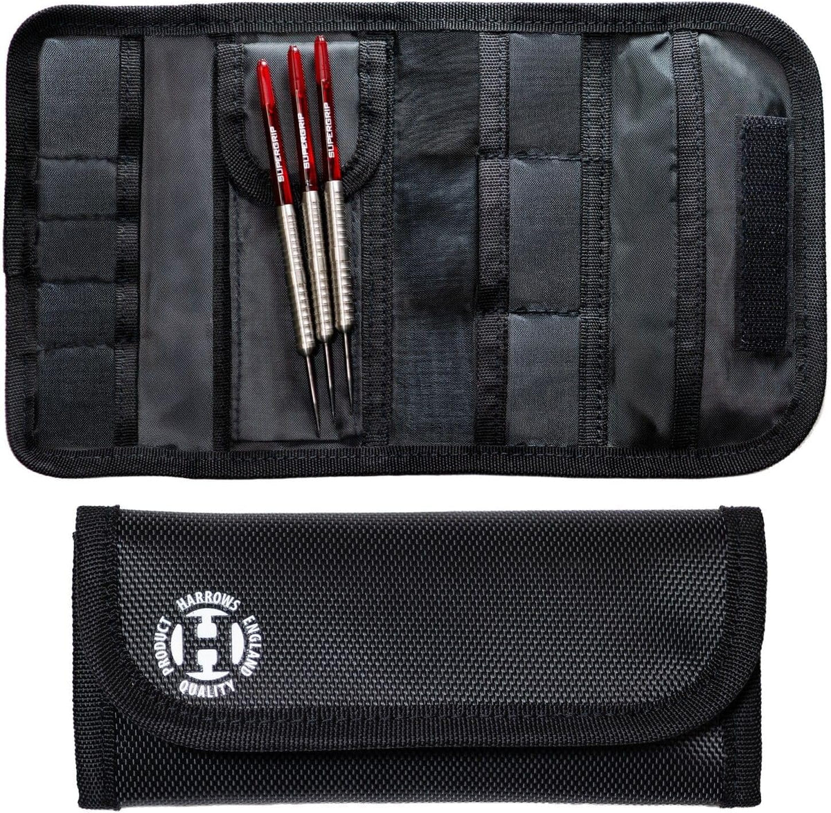 Harrows England Blaze 3 Darts Wallet - Professional Black Darts Case Holds 3 Fully Assembled Darts + 50 Accessories