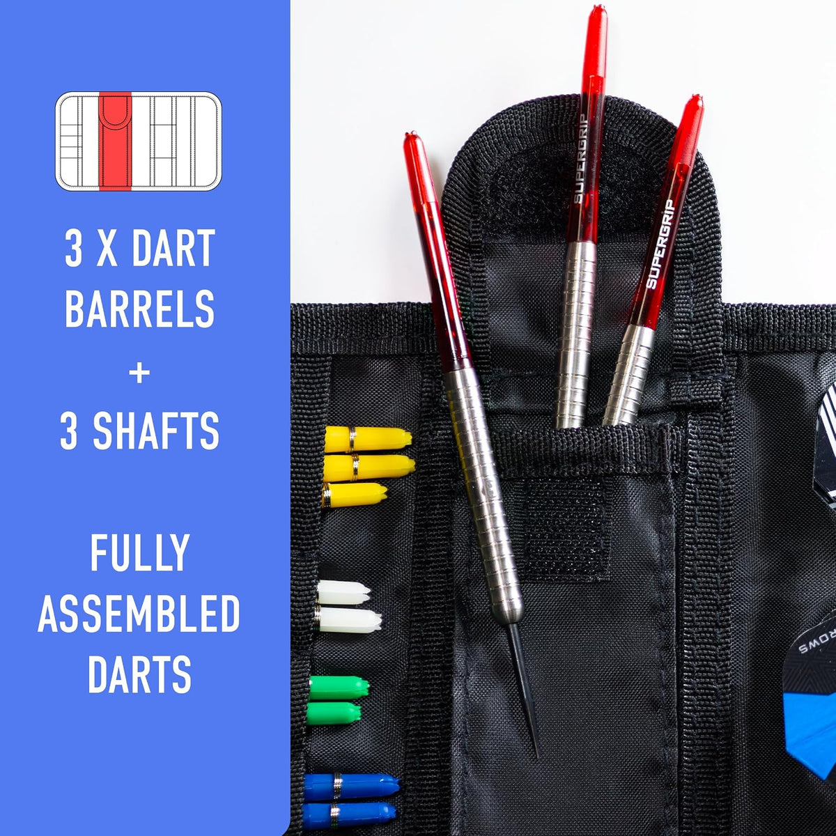 Harrows England Blaze 3 Darts Wallet - Professional Black Darts Case Holds 3 Fully Assembled Darts + 50 Accessories
