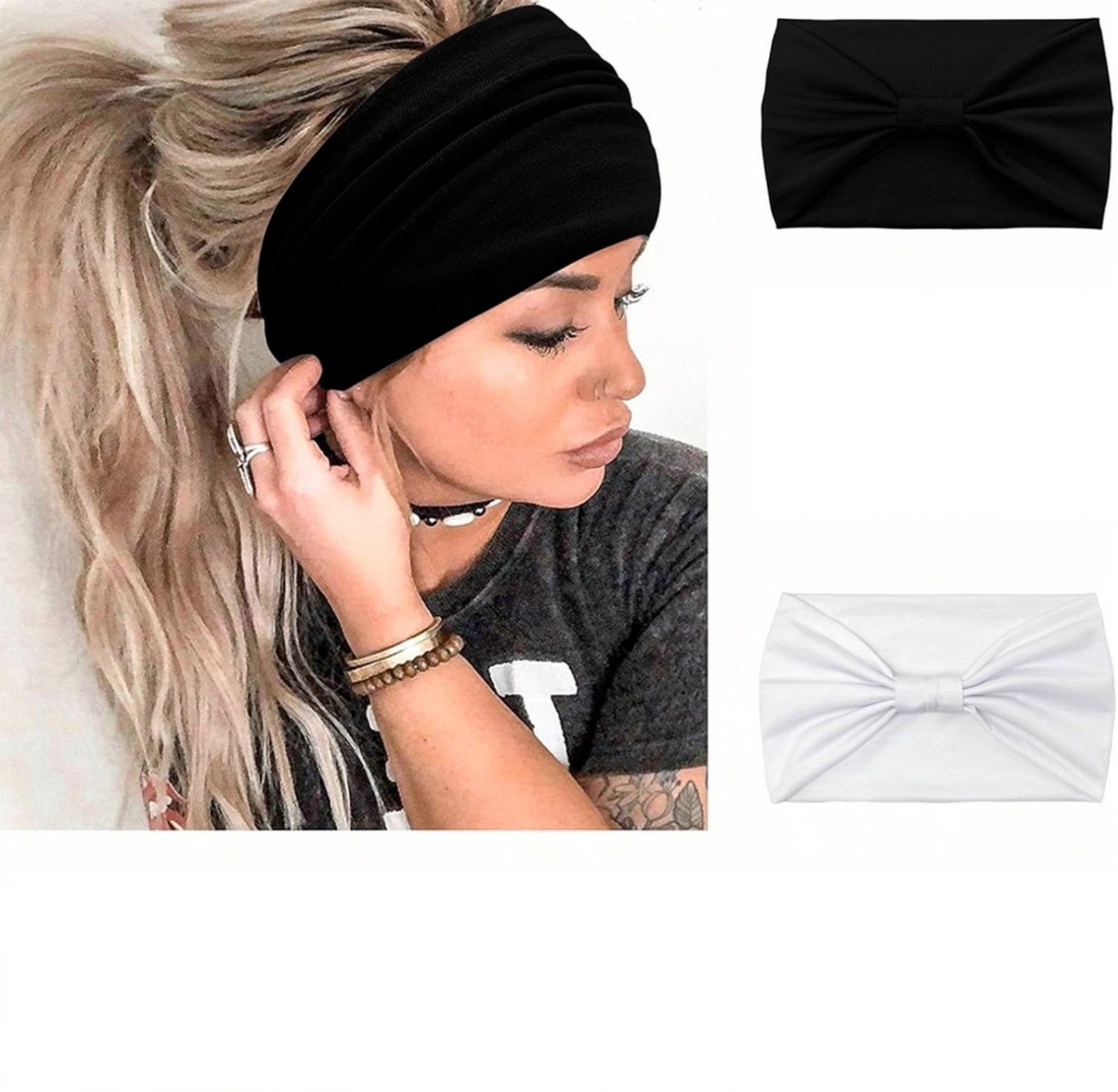 2-Pack Wide Bow Headbands for Women – Soft Non-Slip Elastic Hair Bands for Yoga, Sports, Everyday Wear – Black & White