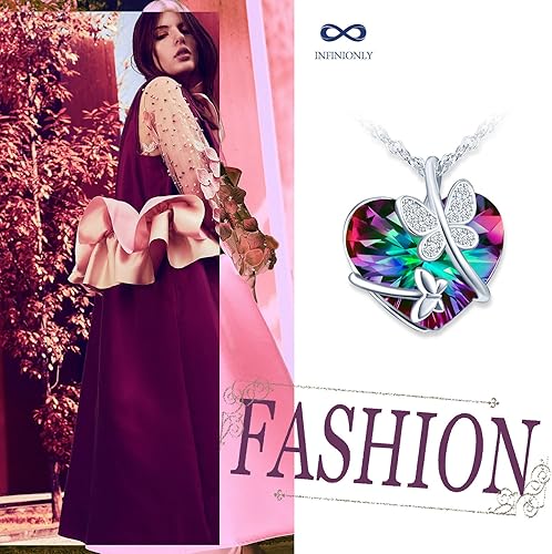 Infinionly Heart of the Ocean crystal necklace with silver butterfly pendant, cubic zirconia and Swarovski gems, elegant jewelry for women