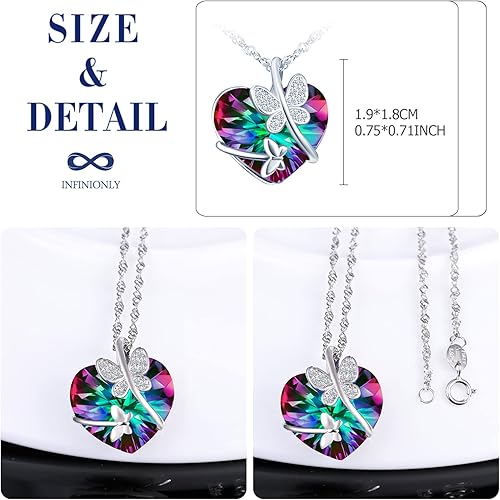 Infinionly Heart of the Ocean crystal necklace featuring a silver butterfly pendant with cubic zirconia and Swarovski gems.