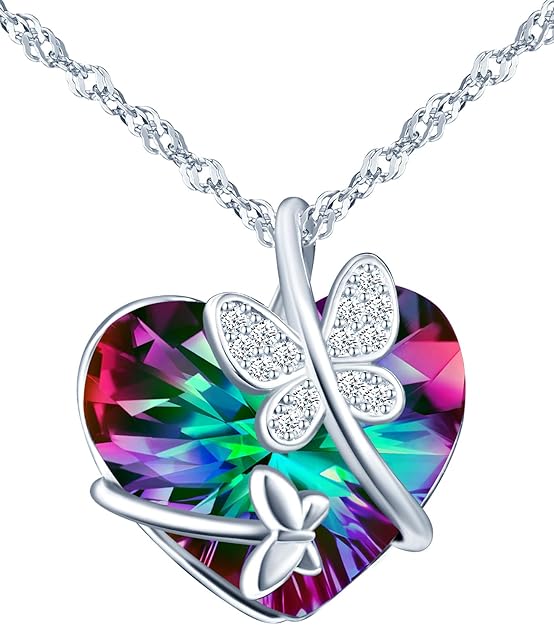 Infinionly Heart of the Ocean crystal necklace with butterfly pendant, cubic zirconia and Swarovski gems, silver jewelry for women