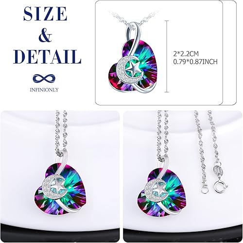 Infinionly Heart of the Ocean silver necklace with crystal pendant featuring star and moon design, multicolored accents.