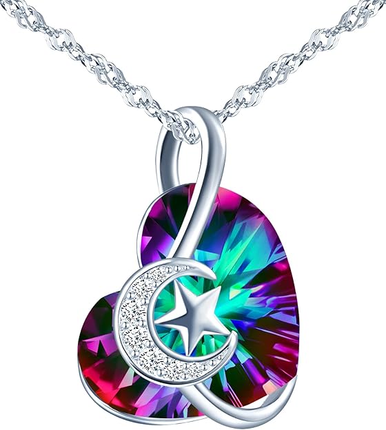 Infinionly Heart of the Ocean necklace with multicolored crystal heart pendant, star and moon design in 925 silver.
