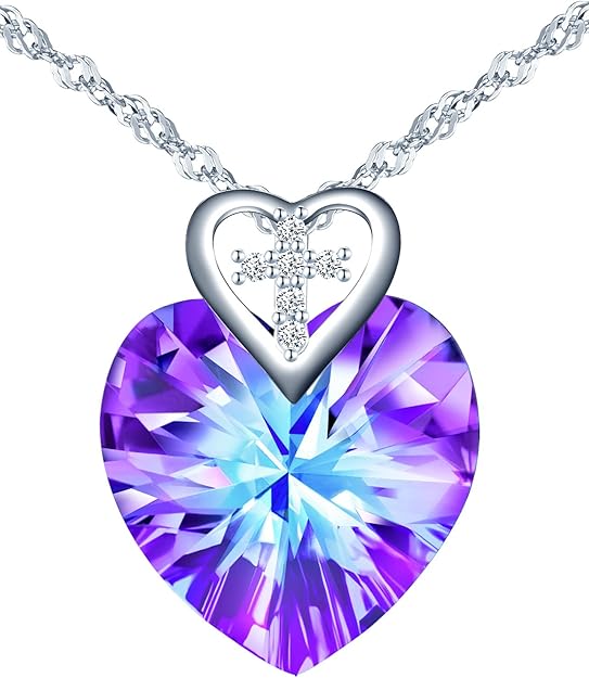 Infinionly Heart of the Ocean crystal necklace with sterling silver pendant featuring a mini heart and cross design for women and girls