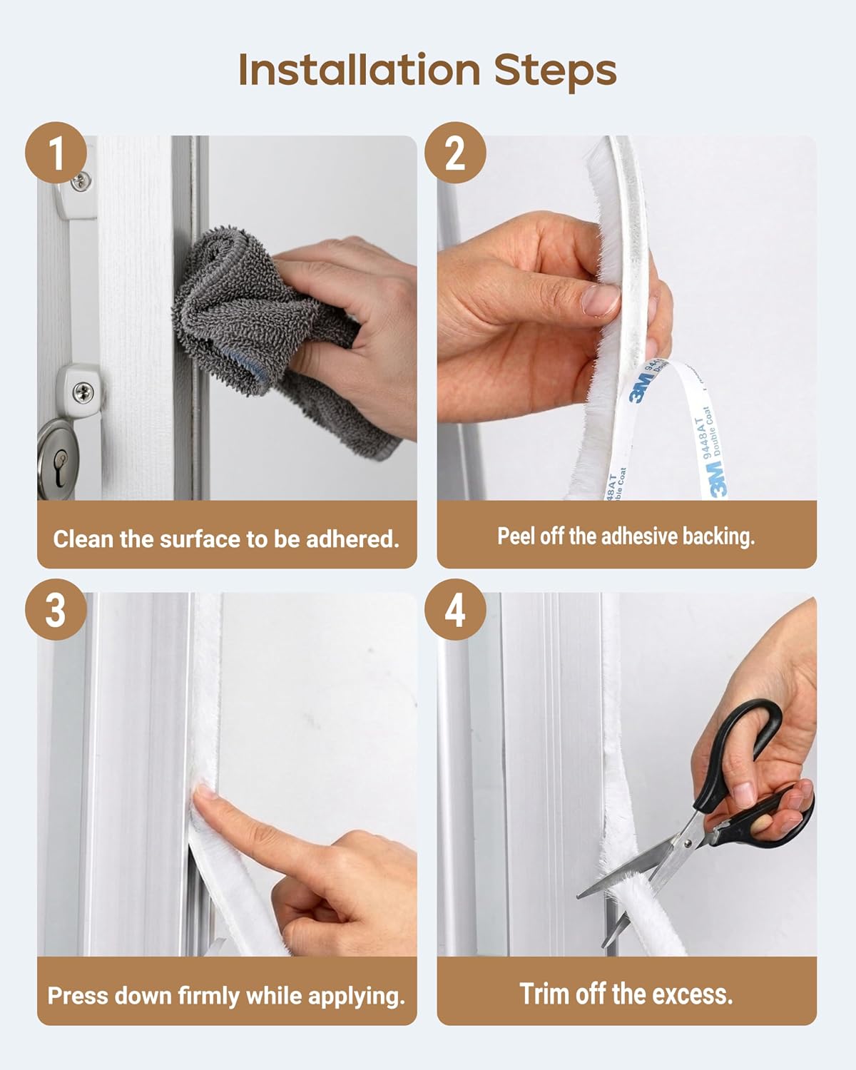 Hnnhome door draught excluder with white self-adhesive brush seal strip, blocking draughts, dust, insects, and reducing noise.