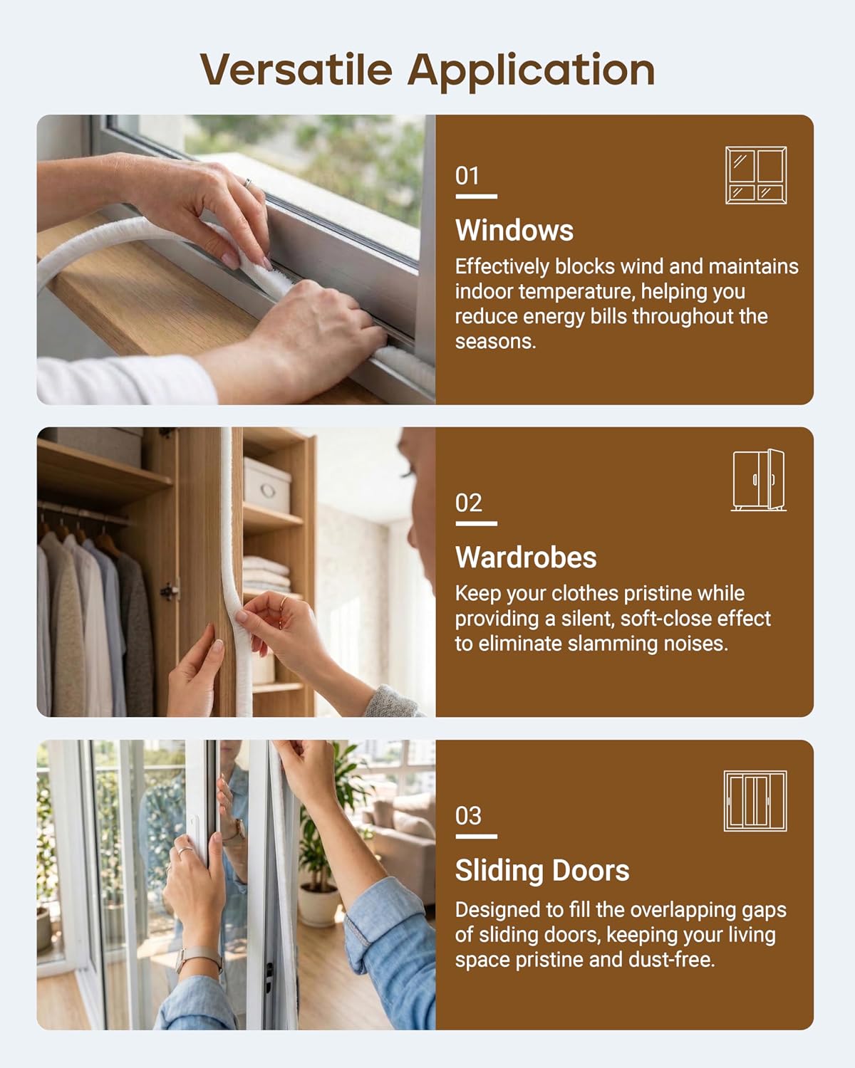 White Hnnhome door draught excluder with self-adhesive brush seal strip, blocking draughts, dust, insects, and reducing noise.
