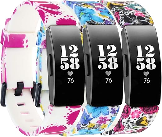 Honecumi floral pattern TPU watch straps for Fitbit Inspire 2, Inspire HR, Ace 2 in large size, featuring colorful floral designs.