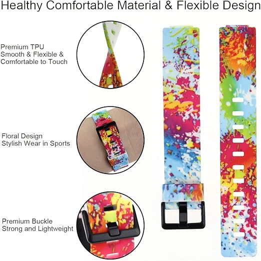 Honecumi floral pattern TPU watch strap for Fitbit Inspire 2, Inspire HR, Ace 2, soft silicone, large size 7.1-8.7 inches.