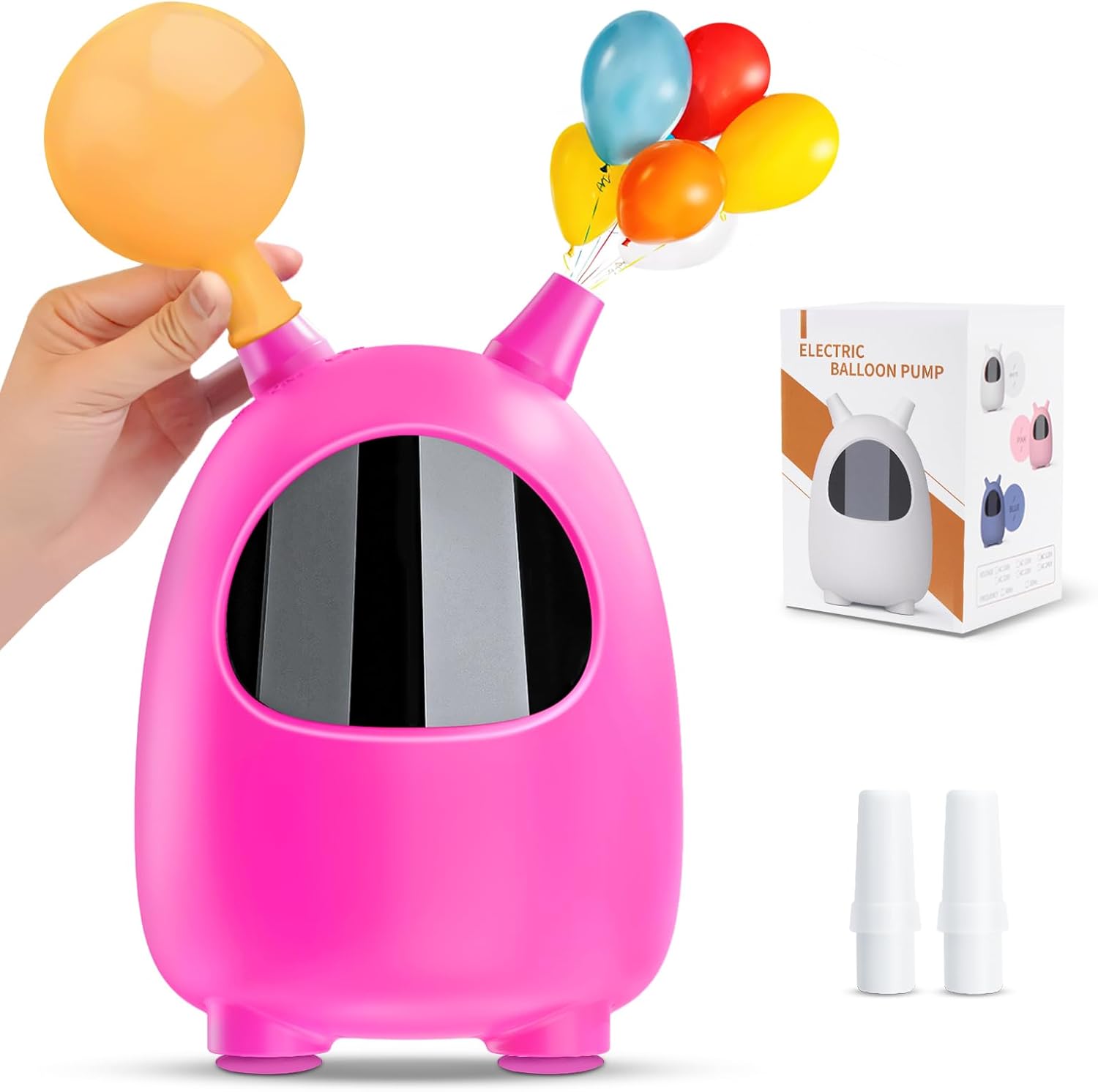 ICNOW 600W electric balloon pump with dual nozzles, magenta color, used for quick balloon inflation at parties and weddings.