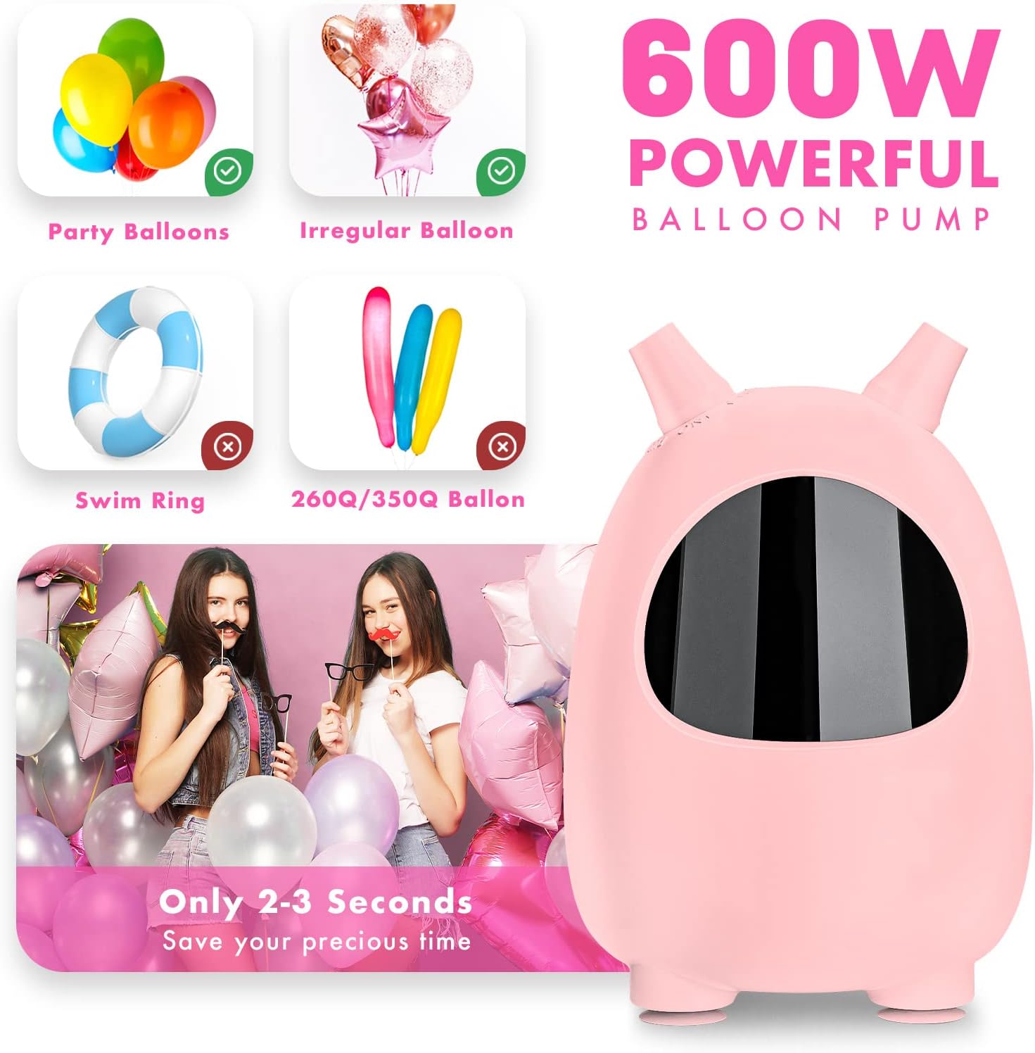 Pink ICNOW 600W electric balloon pump with dual nozzles for fast, 3-second inflation, ideal for parties, weddings, and event decorations.