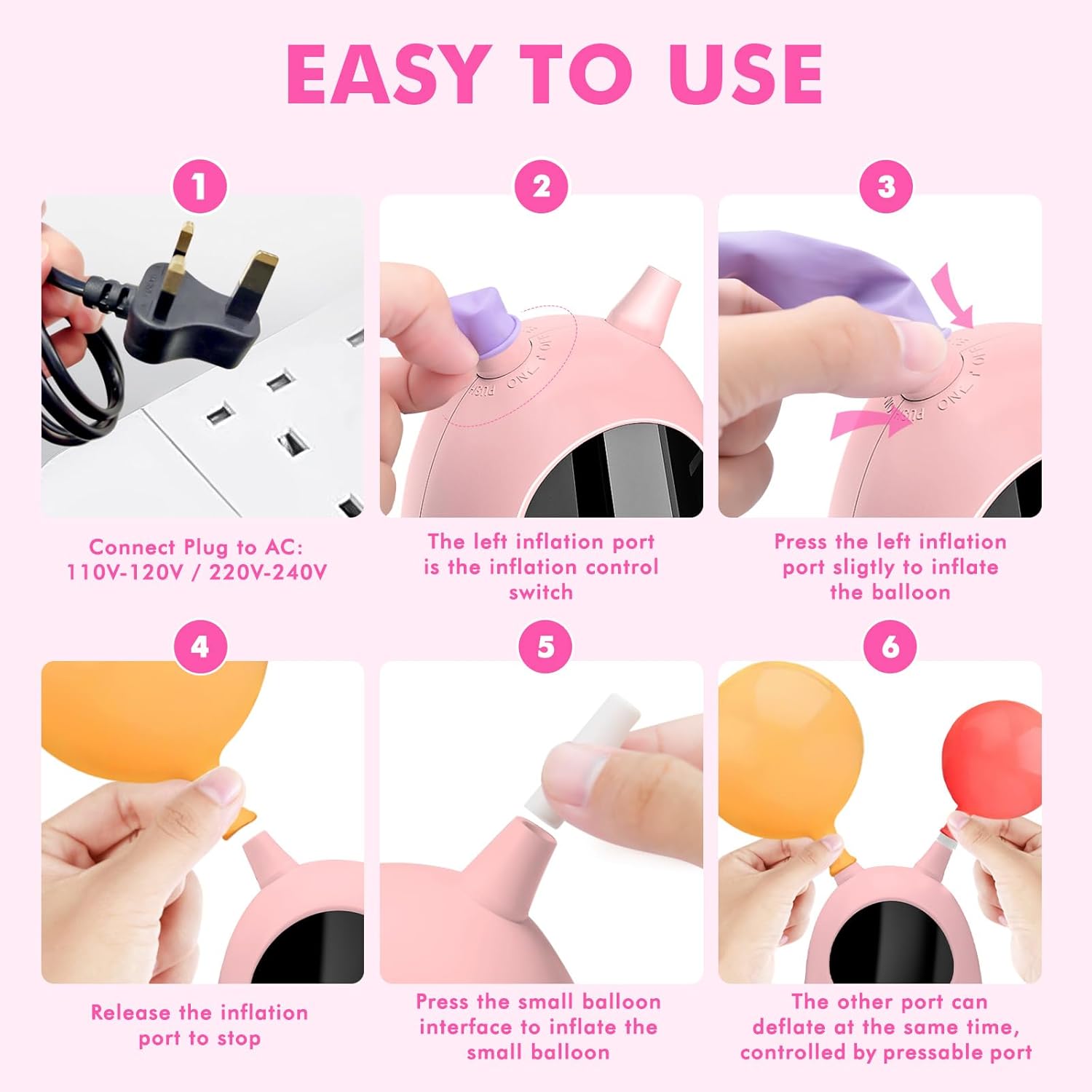 Pink ICNOW 600W electric balloon pump with dual nozzles for quick inflation, ideal for party and wedding decorations.