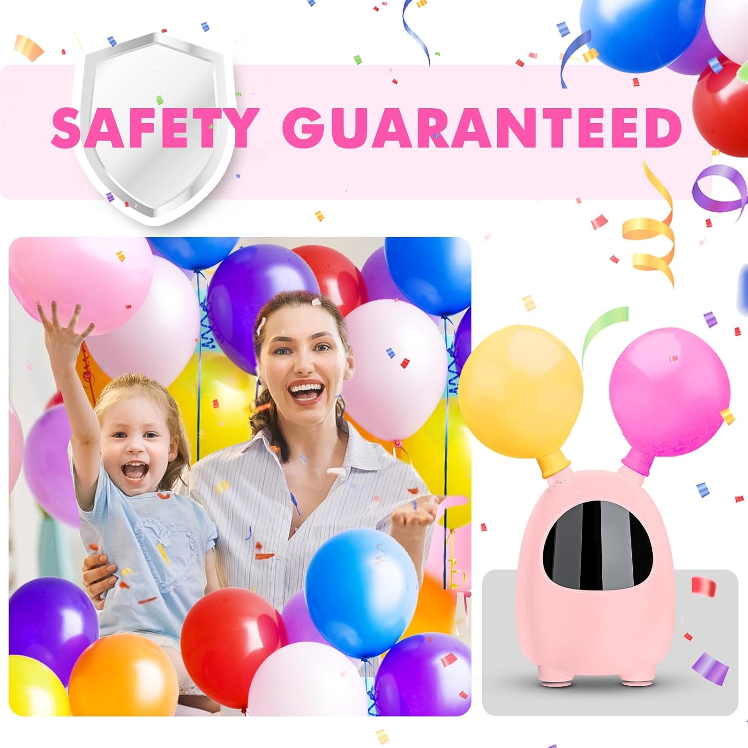 ICNOW 600W electric balloon pump with dual nozzles, pink mini size inflates balloons quickly for parties, weddings, and events.
