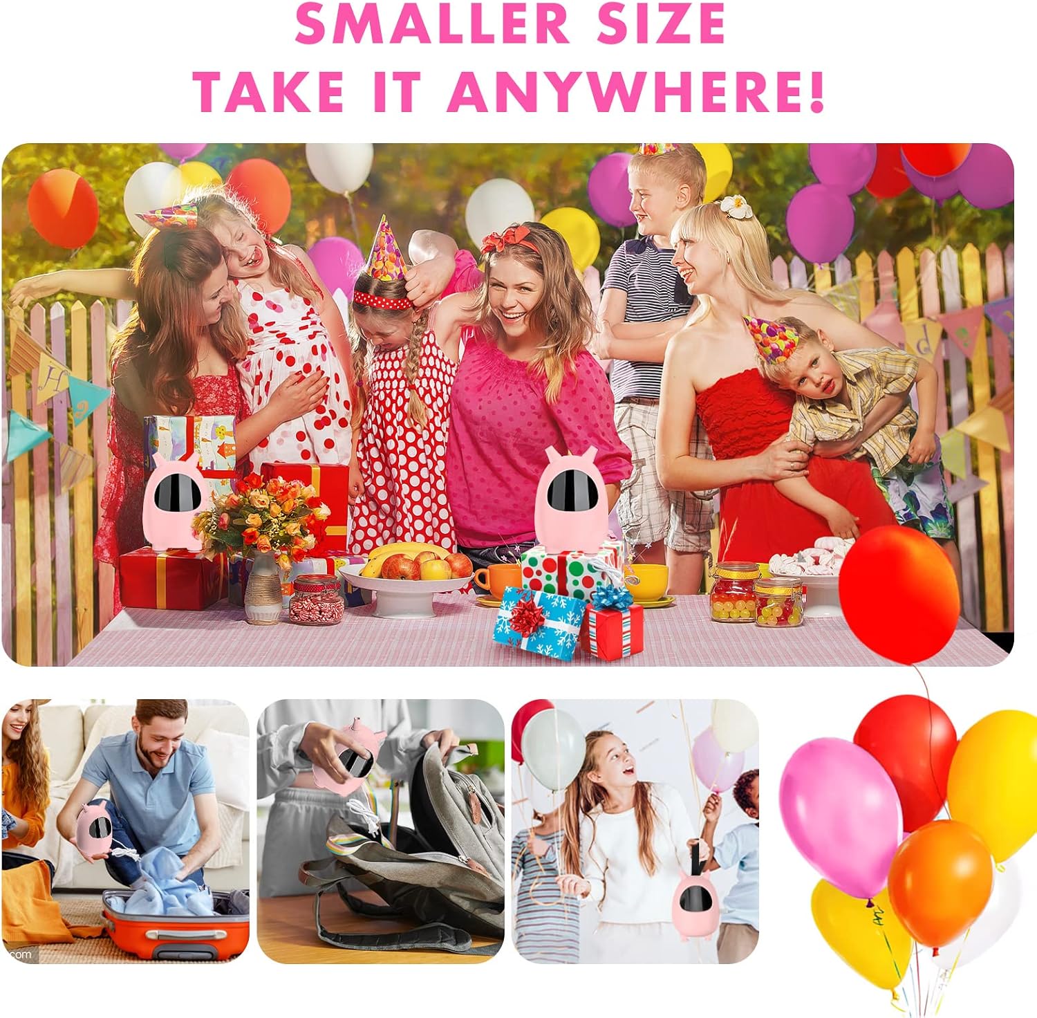 Pink ICNOW 600W electric balloon pump with dual nozzles for quick inflation, ideal for party and wedding decorations.