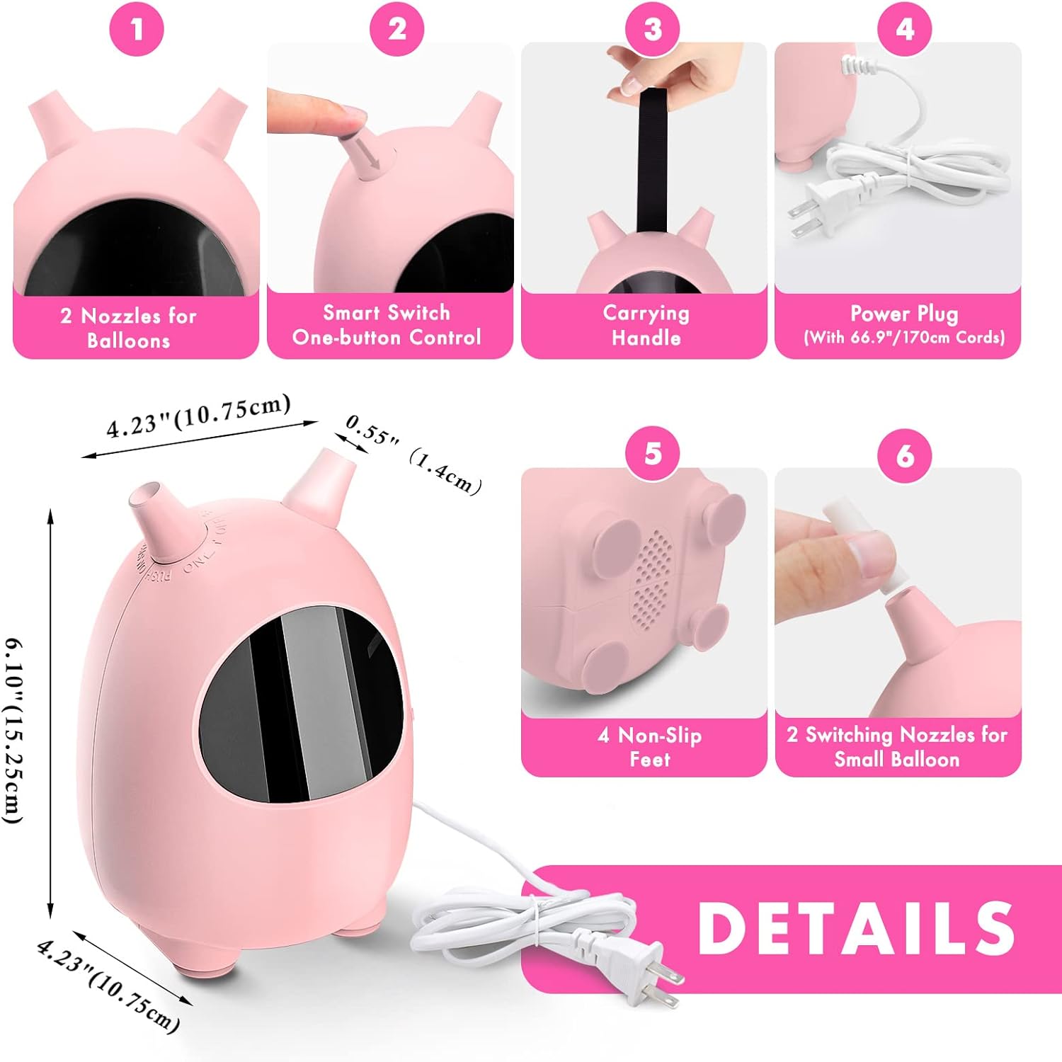 Pink ICNOW 600W electric balloon pump with dual nozzles for quick inflation, ideal for party and wedding decorations.
