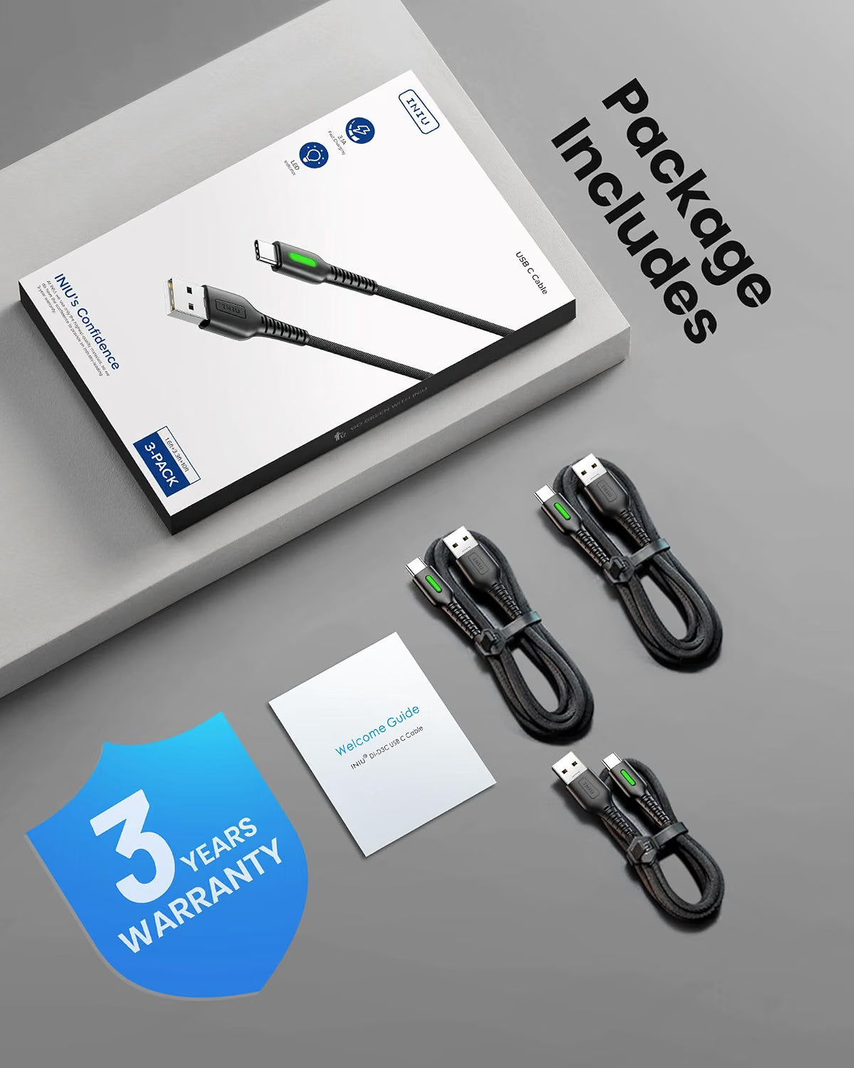 INIU USB-C Fast Charging Cable 3-Pack (2m+2m+0.5m) - 3.1A QC 3.0 Braided Cable with LED Indicator - USB A to USB C for iPhone 15, Samsung S23S22, Switch, PS5 & More - Black