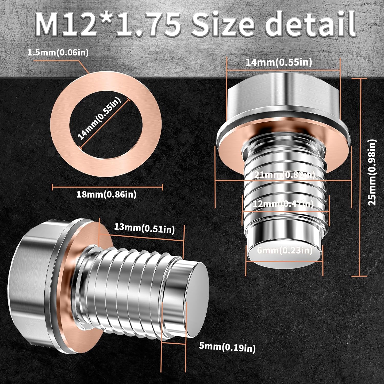 IZZU M12x1.75 Magnetic Oil Drain Bolt - 5000GS Stainless Steel Leak-Proof Plug with Copper Gasket - Zeta Store