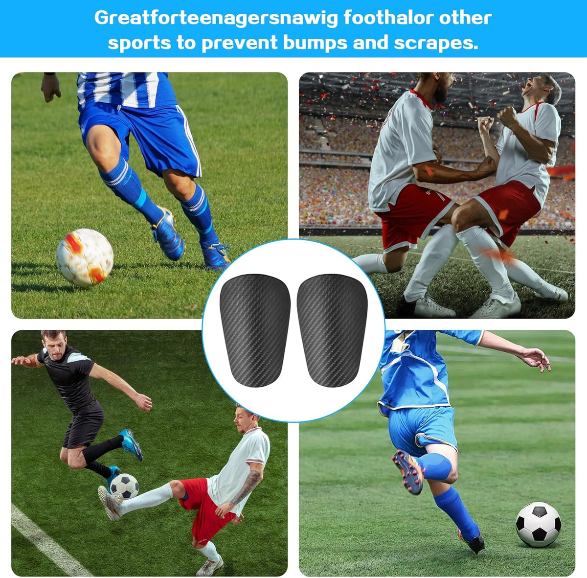 Incnmad 4x mini football shin guards in black, ultra small 10x6cm carbon shin pads for kids and teens on white background.