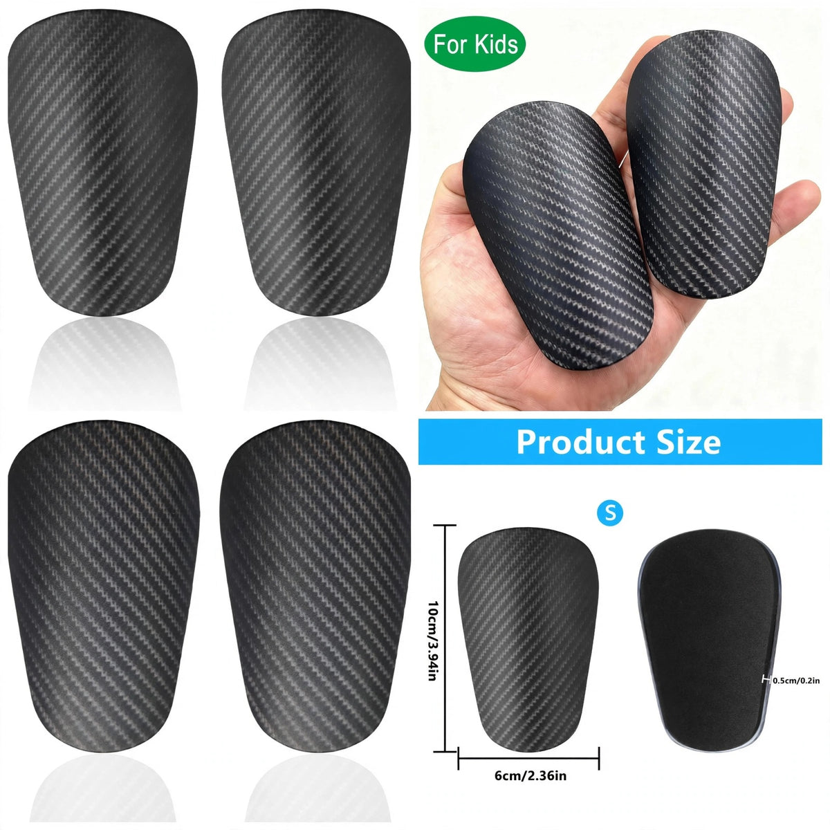 Incnmad 4x mini football shin guards in black, ultra small 10x6cm carbon shin pads for kids and teens, shown on a white background.