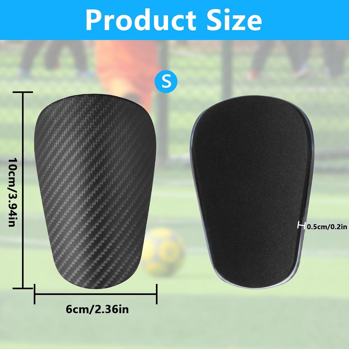Incnmad 4x Mini football shin guards in black, ultra-small 10x6cm carbon shin pads for kids and teens, shown on a white background.