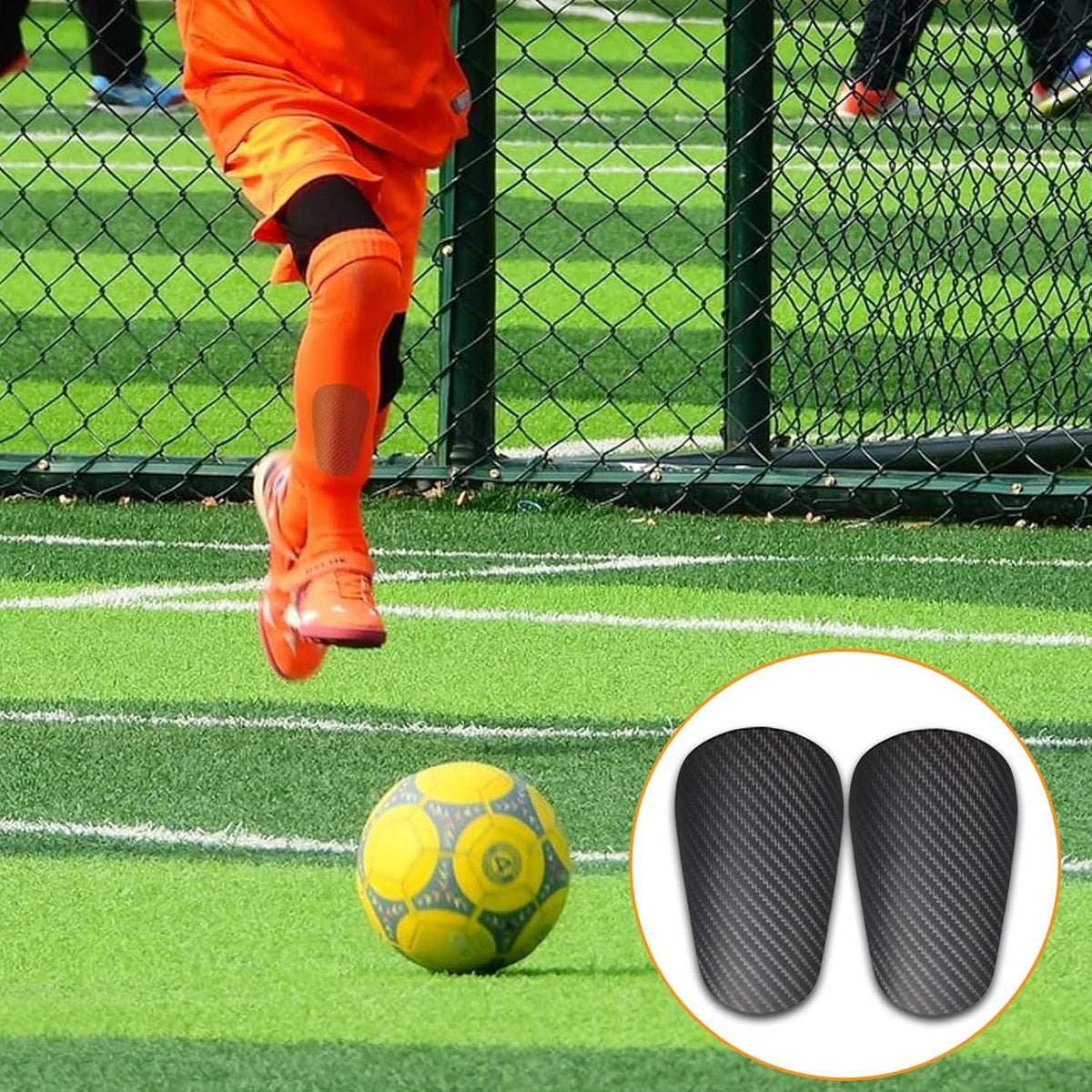 Incnmad 4x mini football shin guards in black, ultra small 10x6cm carbon shin pads for kids and teens, shown on a sports field.