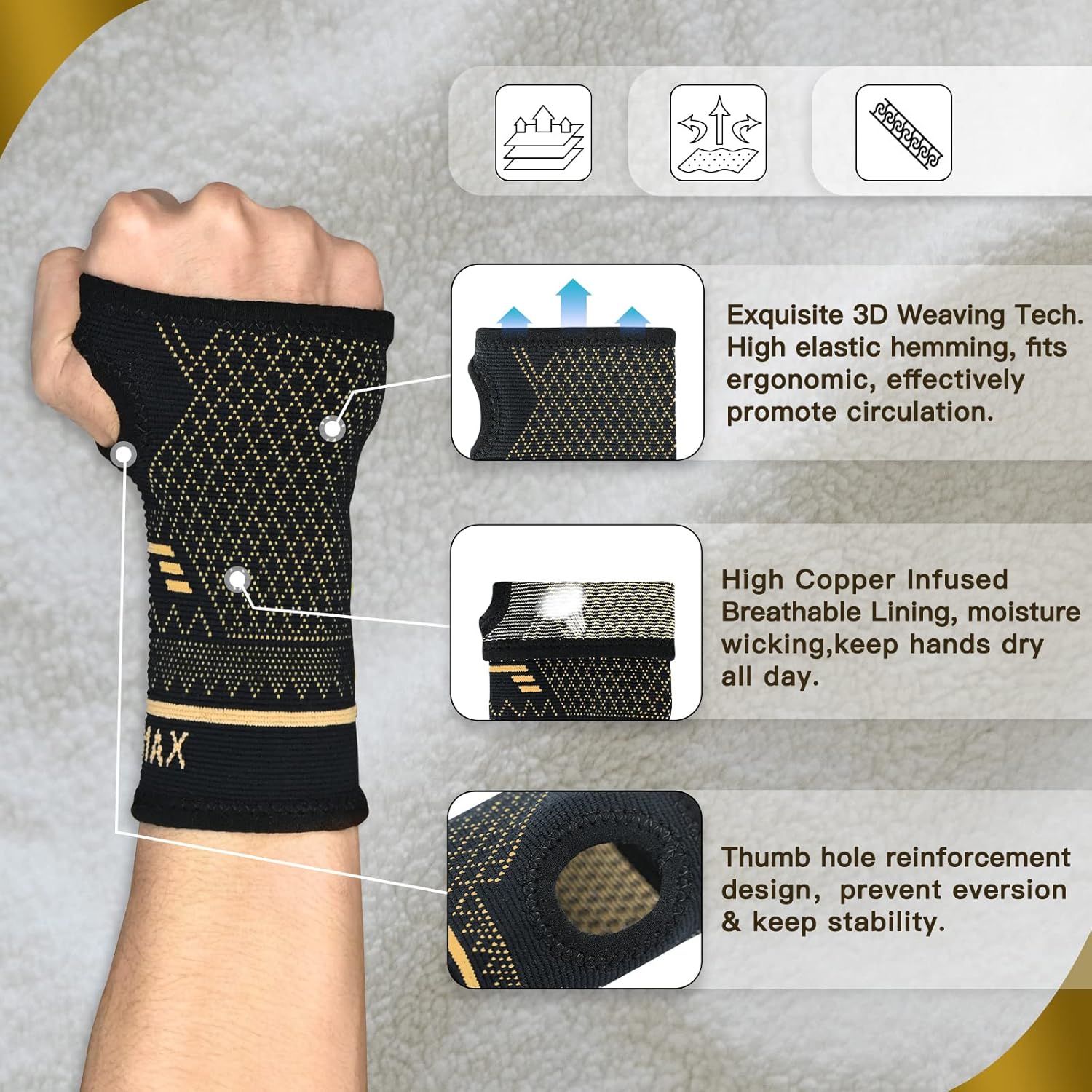 Indeemax copper-infused wrist support sleeve, ergonomic compression brace for carpal tunnel and arthritis relief, breathable and comfortable.