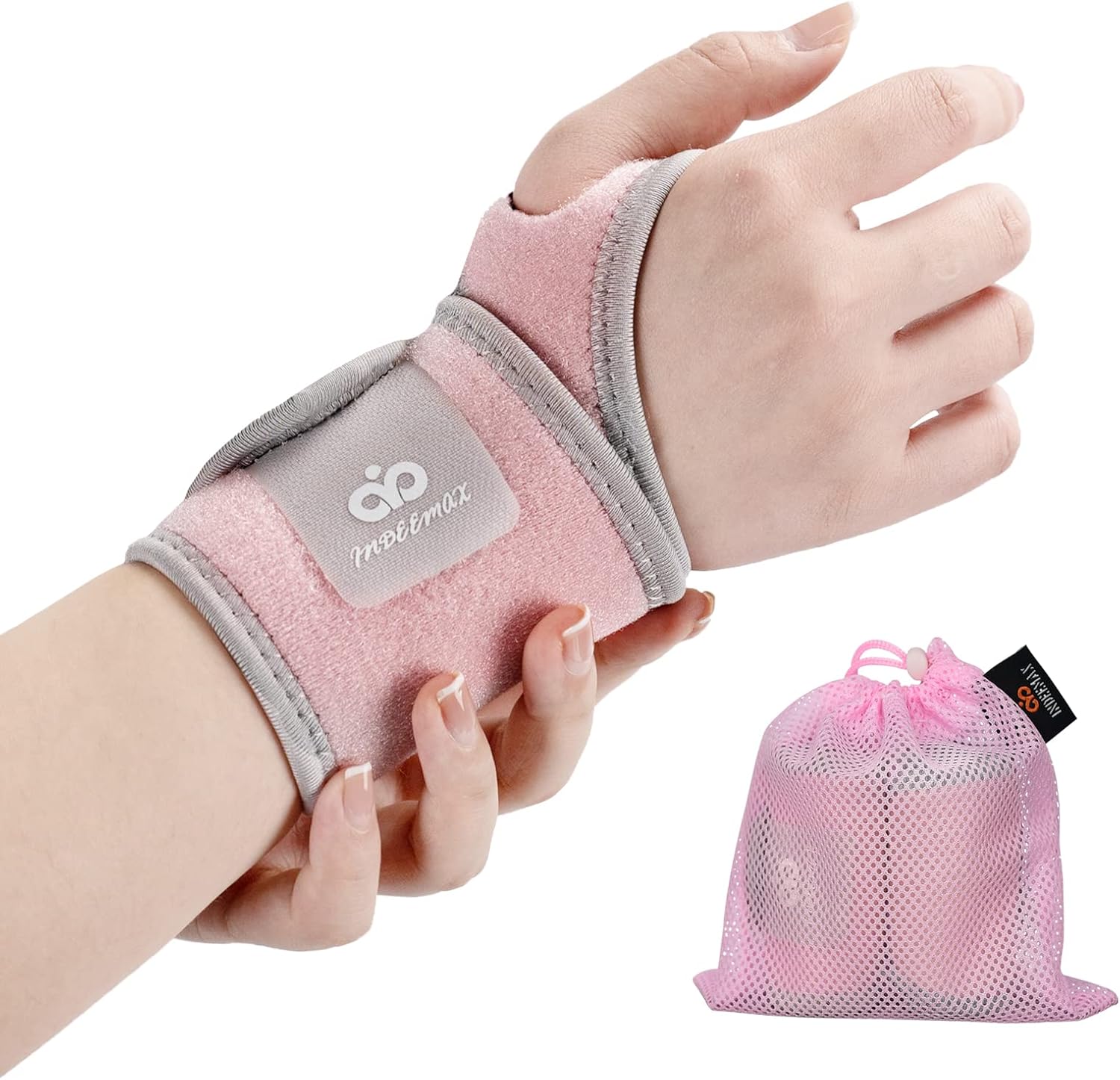 Pair of Indeemax copper wrist braces showing adjustable straps and breathable fabric for support and comfort.