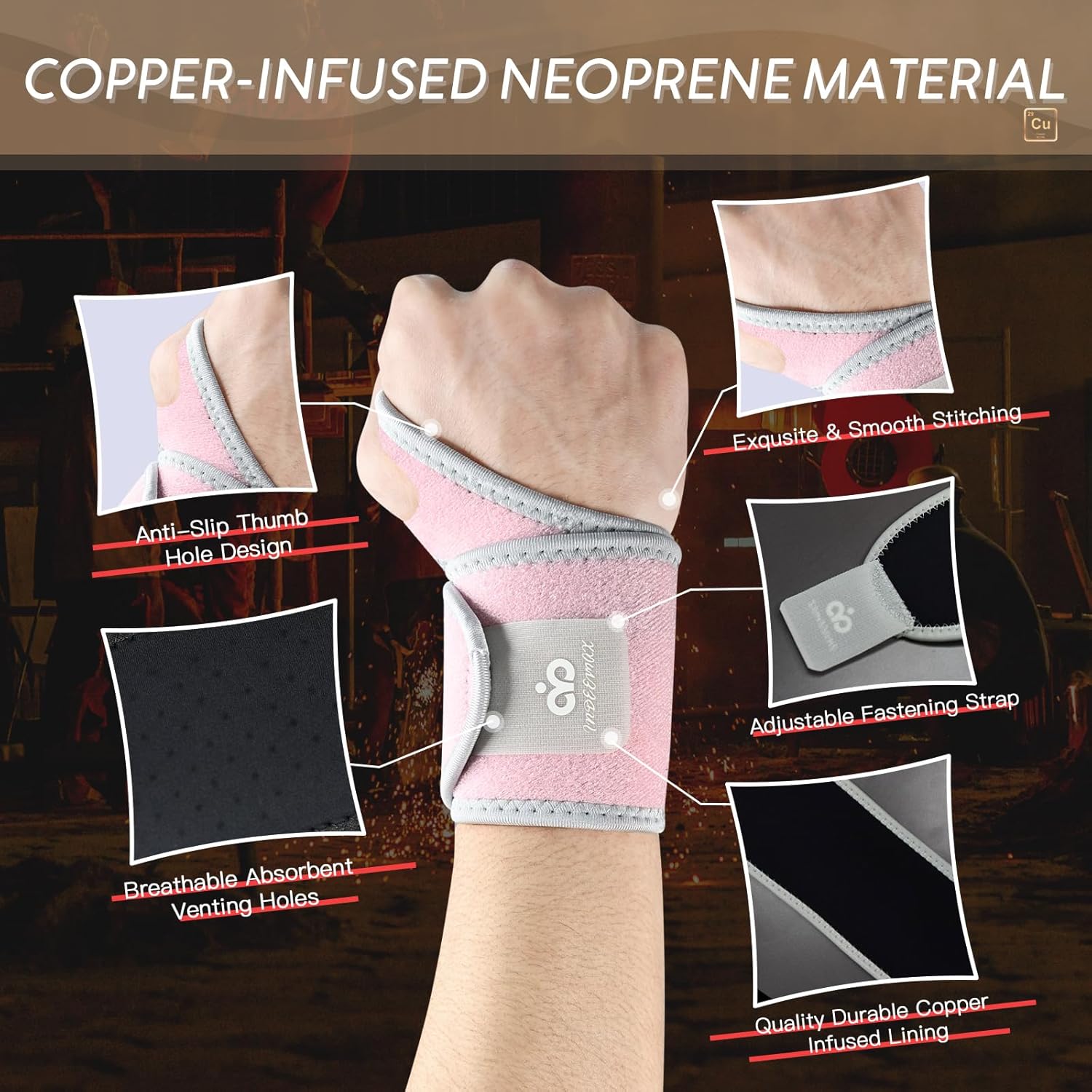Indeemax copper wrist brace 2-pack with adjustable straps, providing support and compression for wrist pain relief.