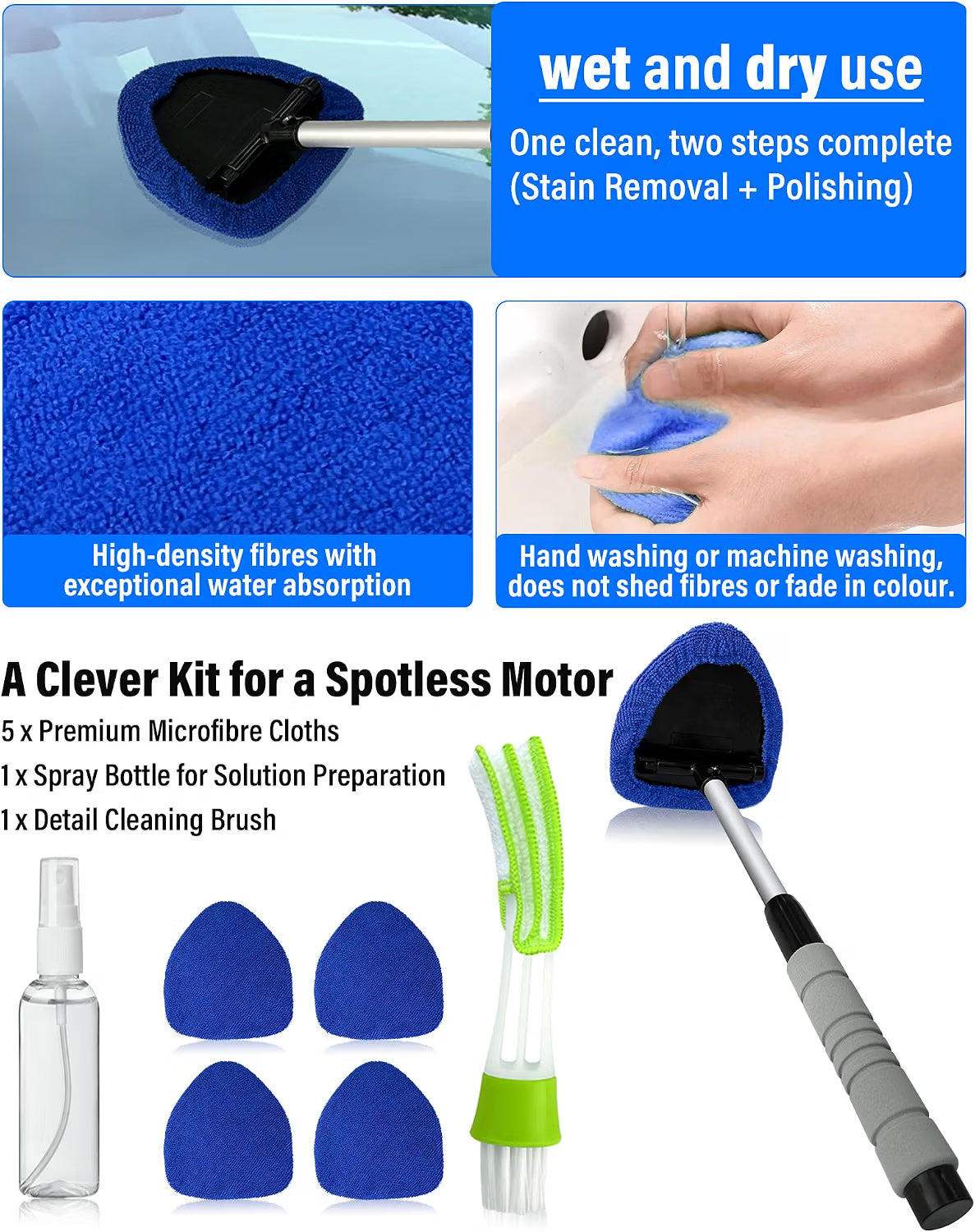 JHCHAN 7-in-1 Car Windscreen Cleaner Tool - 33.5-47.5cm Extendable Handle with Triangle Head, 5x Microfibre Cloths, Spray Bottle & Detail Brush - For Car, Home & Shower Glass