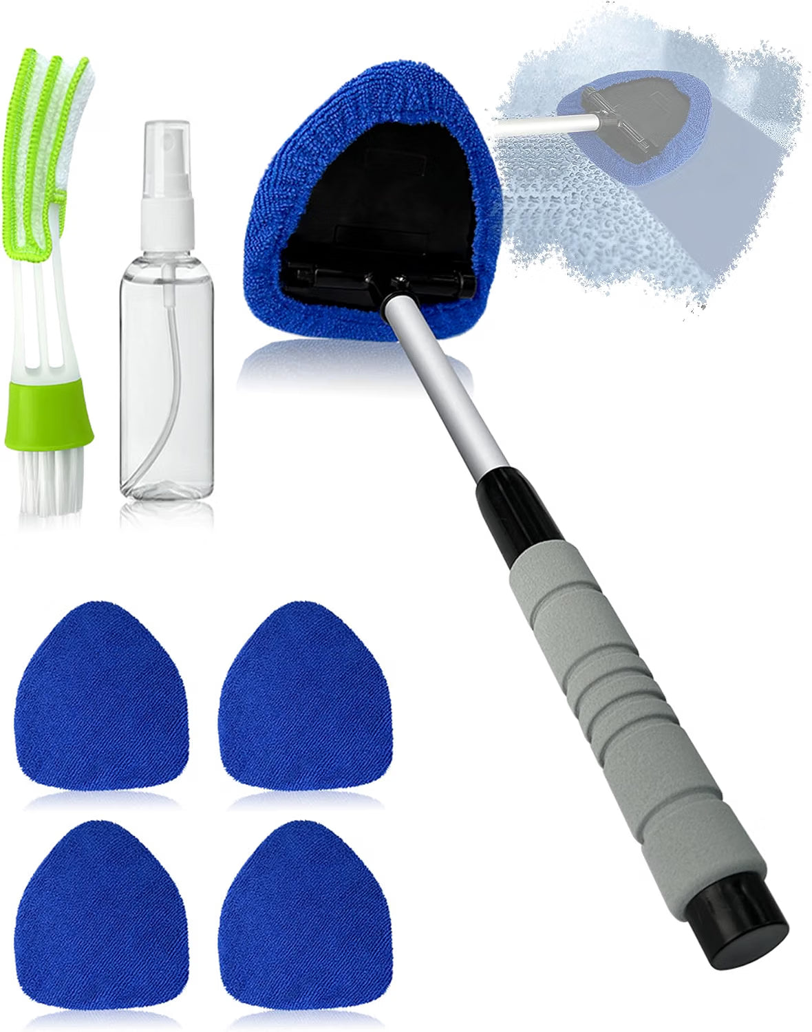 JHCHAN 7-in-1 Car Windscreen Cleaner Tool - 33.5-47.5cm Extendable Handle with Triangle Head, 5x Microfibre Cloths, Spray Bottle & Detail Brush - For Car, Home & Shower Glass