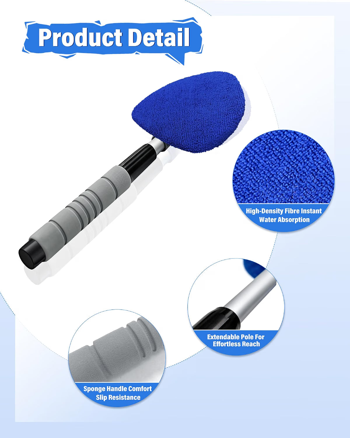 JHCHAN 7-in-1 Car Windscreen Cleaner Tool - 33.5-47.5cm Extendable Handle with Triangle Head, 5x Microfibre Cloths, Spray Bottle & Detail Brush - For Car, Home & Shower Glass
