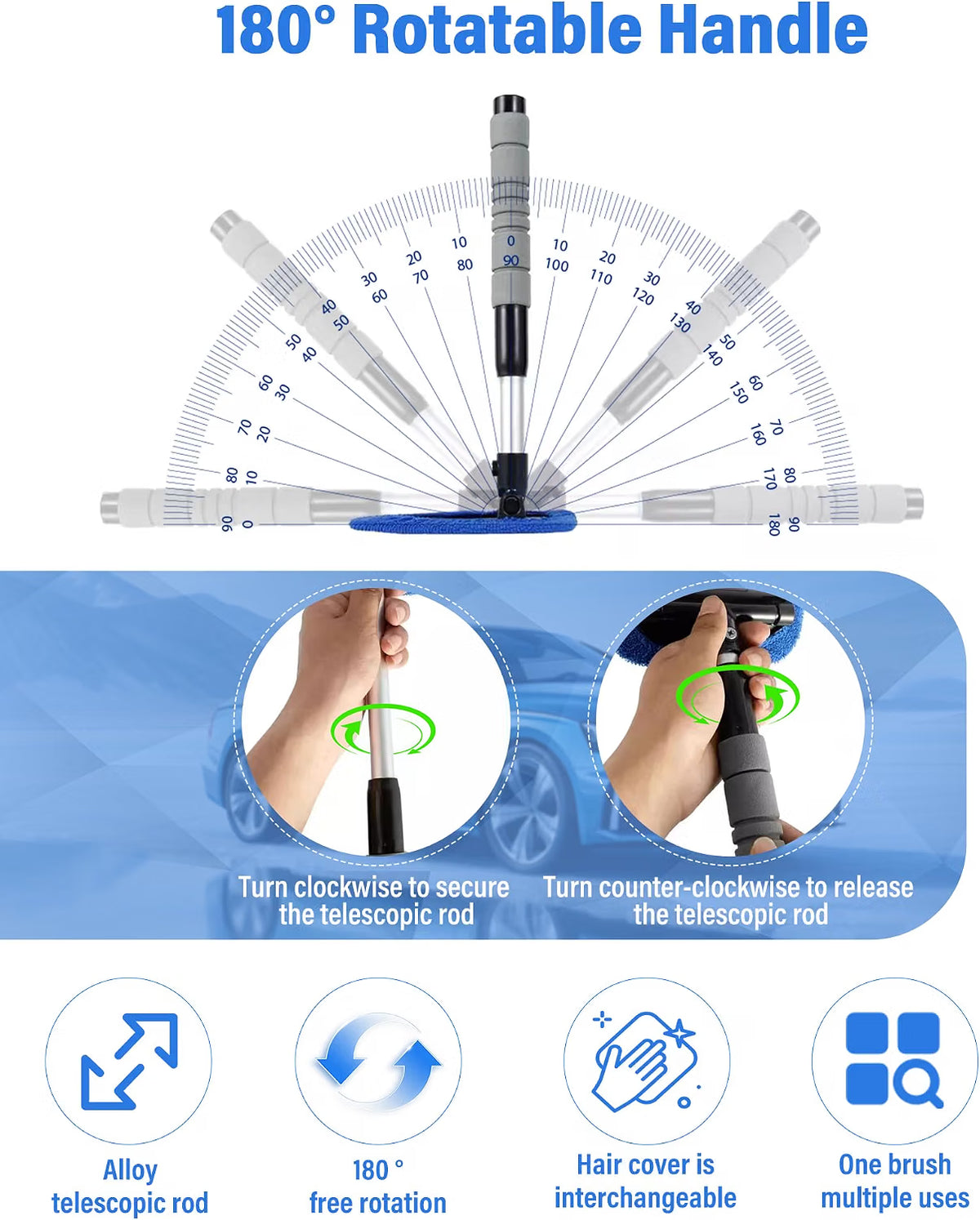JHCHAN 7-in-1 Car Windscreen Cleaner Tool - 33.5-47.5cm Extendable Handle with Triangle Head, 5x Microfibre Cloths, Spray Bottle & Detail Brush - For Car, Home & Shower Glass