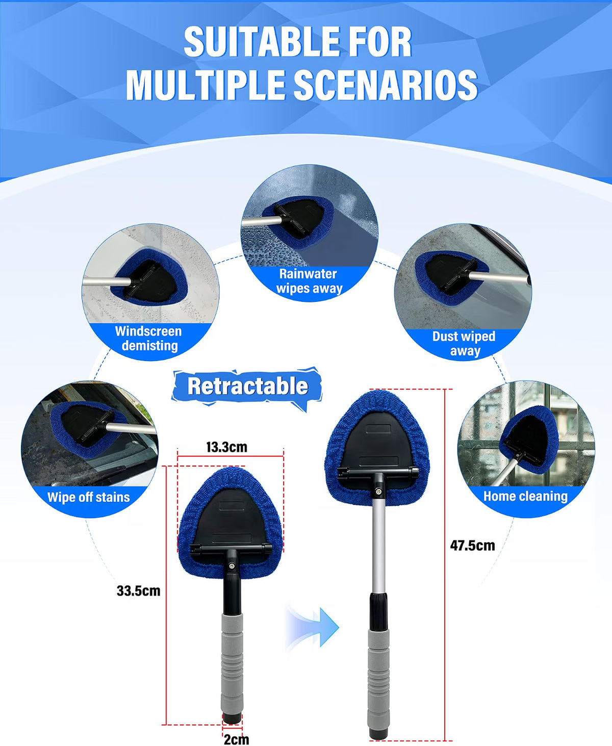 JHCHAN 7-in-1 Car Windscreen Cleaner Tool - 33.5-47.5cm Extendable Handle with Triangle Head, 5x Microfibre Cloths, Spray Bottle & Detail Brush - For Car, Home & Shower Glass