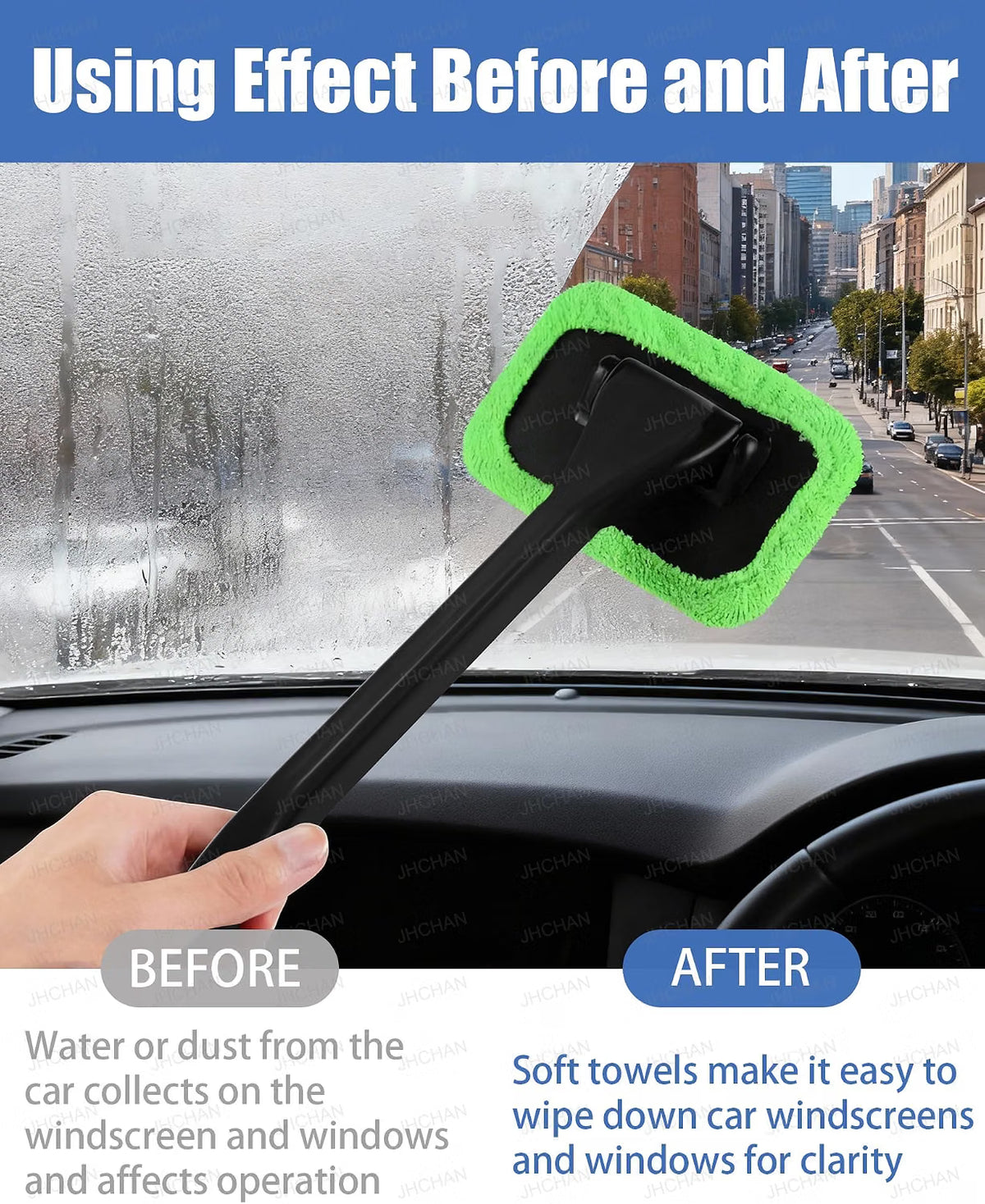 JHCHAN Car Windscreen Cleaner Tool Kit - 32cm Brush with 5 Washable Microfiber Pads - 180° Swivel Interior Window Demister (Green)