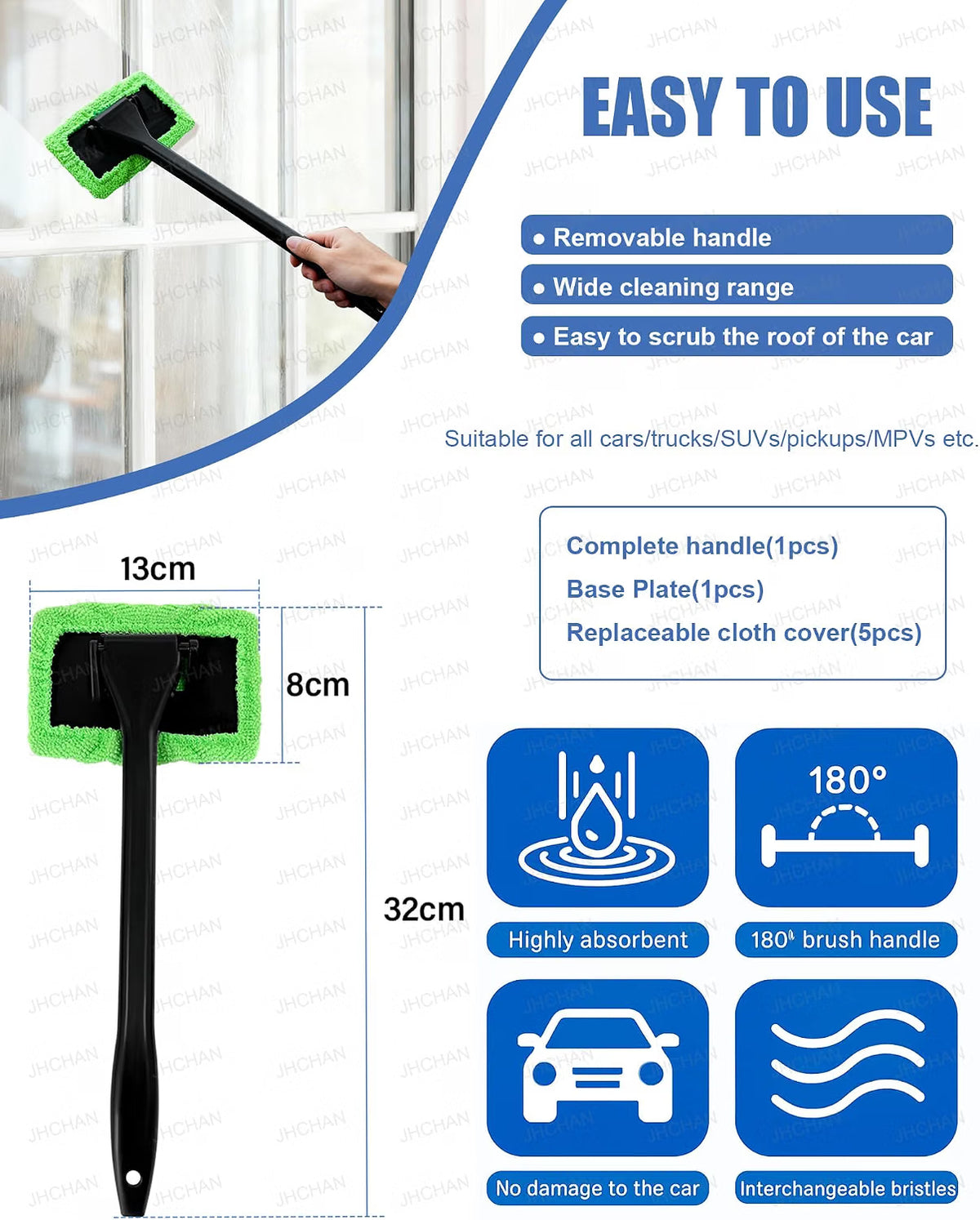 JHCHAN Car Windscreen Cleaner Tool Kit - 32cm Brush with 5 Washable Microfiber Pads - 180° Swivel Interior Window Demister (Green)