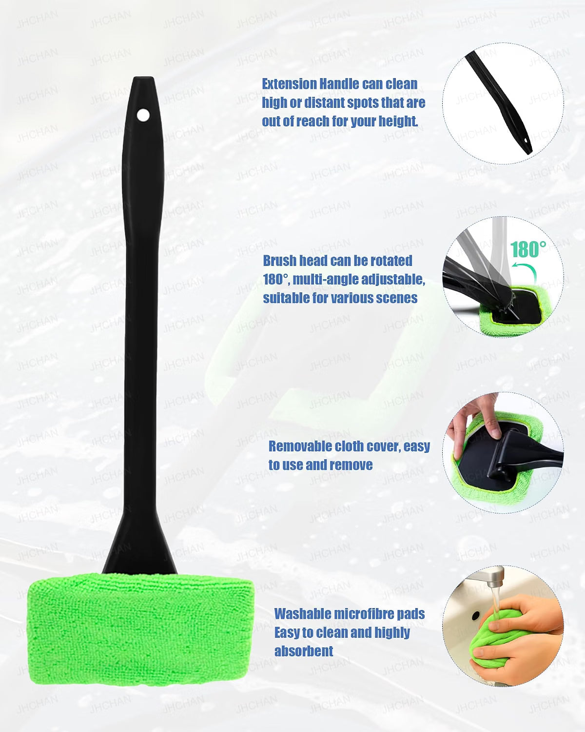 JHCHAN Car Windscreen Cleaner Tool Kit - 32cm Brush with 5 Washable Microfiber Pads - 180° Swivel Interior Window Demister (Green)