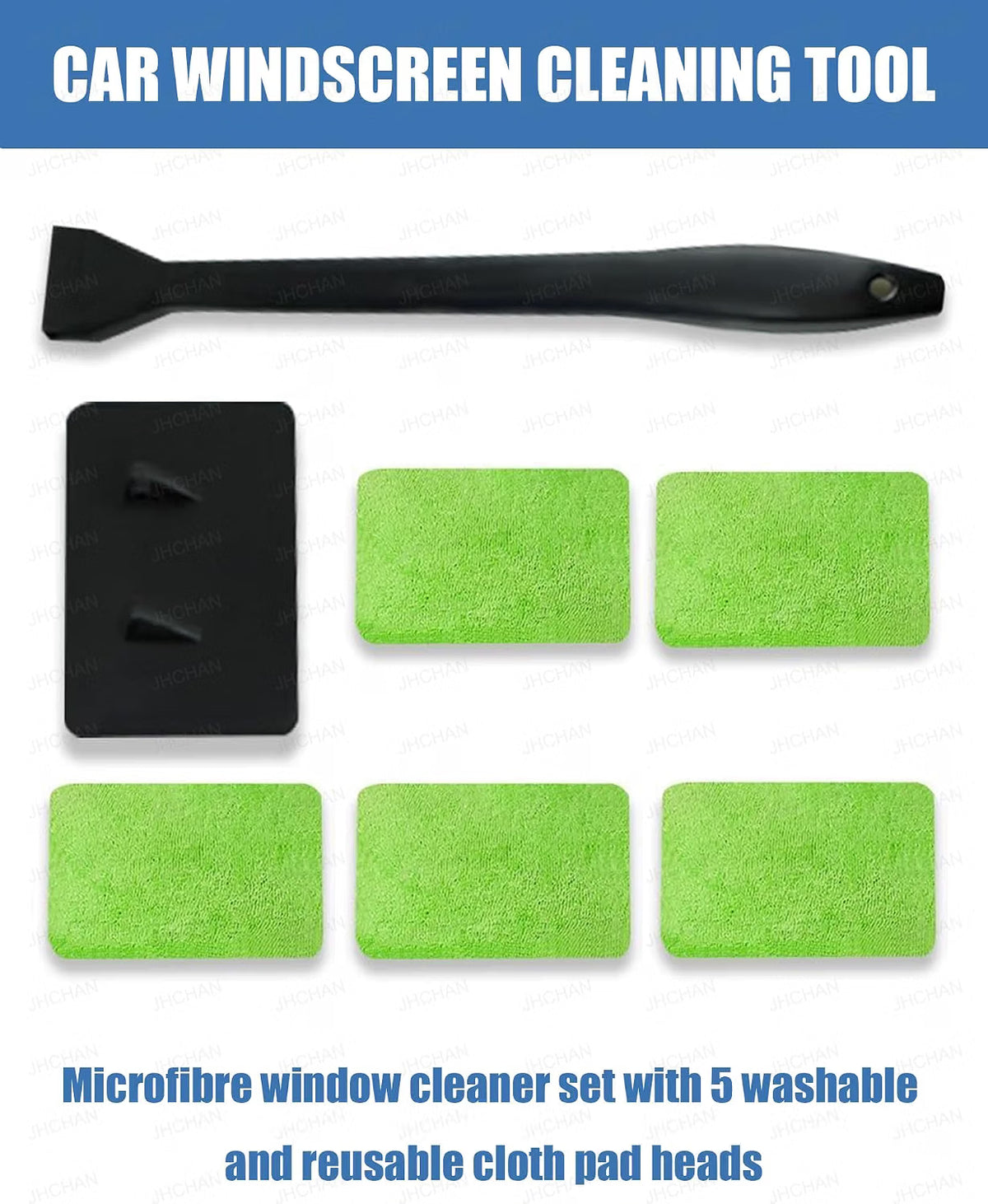 JHCHAN Car Windscreen Cleaner Tool Kit - 32cm Brush with 5 Washable Microfiber Pads - 180° Swivel Interior Window Demister (Green)