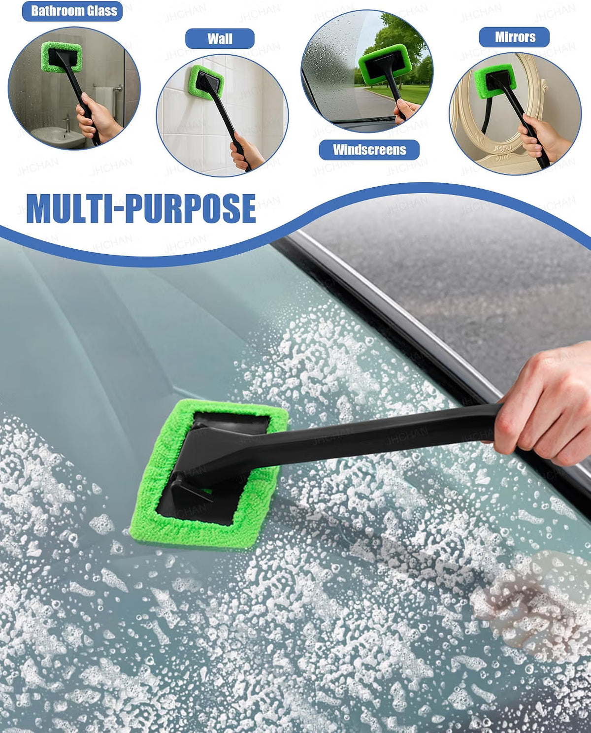 JHCHAN Car Windscreen Cleaner Tool Kit - 32cm Brush with 5 Washable Microfiber Pads - 180° Swivel Interior Window Demister (Green)