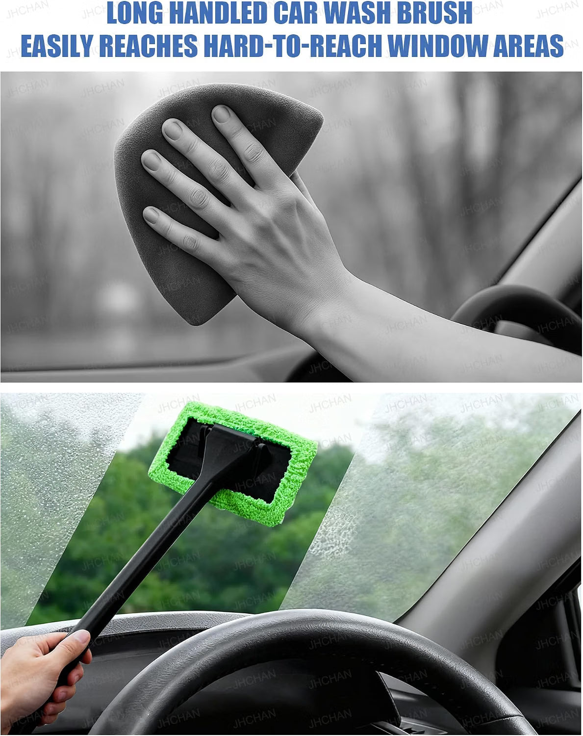 JHCHAN Car Windscreen Cleaner Tool Kit - 32cm Brush with 5 Washable Microfiber Pads - 180° Swivel Interior Window Demister (Green)