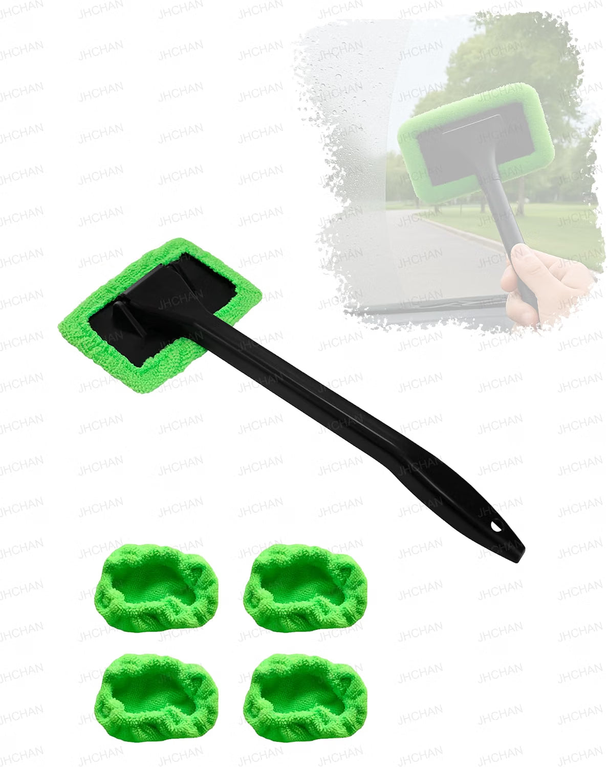 JHCHAN Car Windscreen Cleaner Tool Kit - 32cm Brush with 5 Washable Microfiber Pads - 180° Swivel Interior Window Demister (Green)