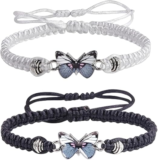 Jagosen matching butterfly bracelets for couples, adjustable woven cord jewelry with velvet bag, representing friendship and love.