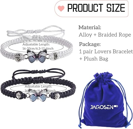Jagosen matching butterfly bracelets for couples, adjustable woven cord jewelry set with velvet storage bag in image.