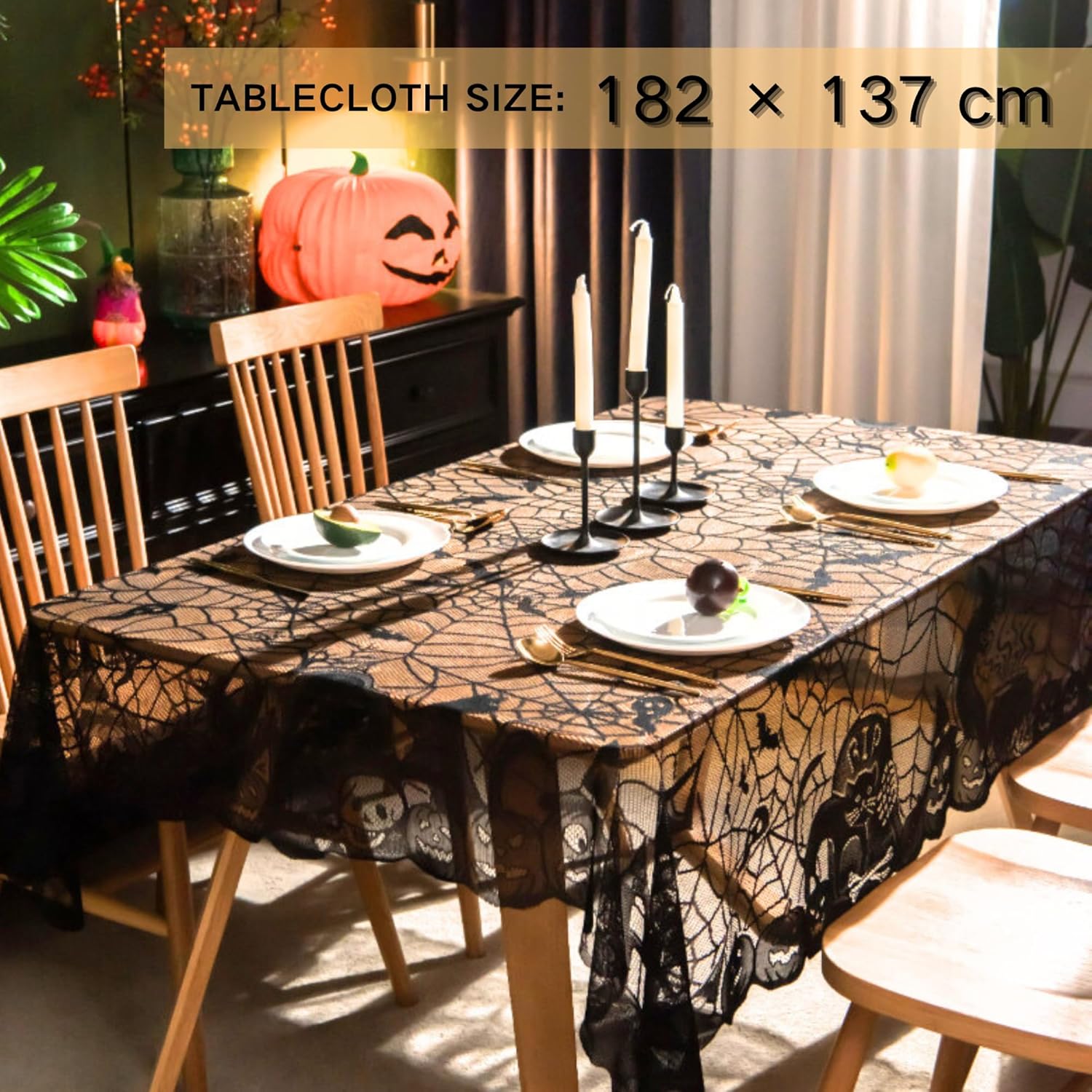 JanYoo Halloween Table Cloth 137x 182cm Spider Web Table Cover Rectangle Halloween Tablecloths Black Pumpkin Tablecovers for Indoor Outdoor Party Dinner Table Decoration Supplies - Zeta Store