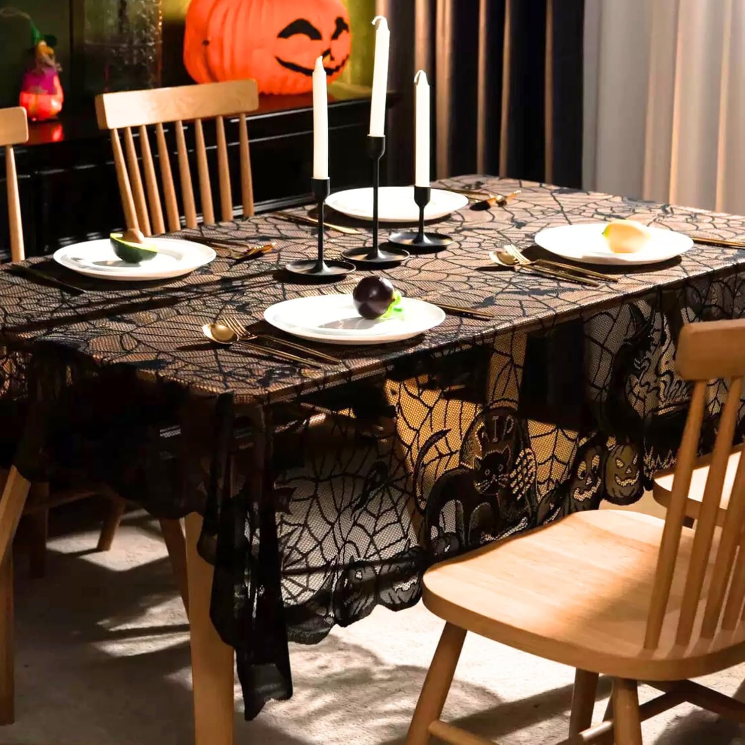 JanYoo Halloween Table Cloth 137x 182cm Spider Web Table Cover Rectangle Halloween Tablecloths Black Pumpkin Tablecovers for Indoor Outdoor Party Dinner Table Decoration Supplies - Zeta Store