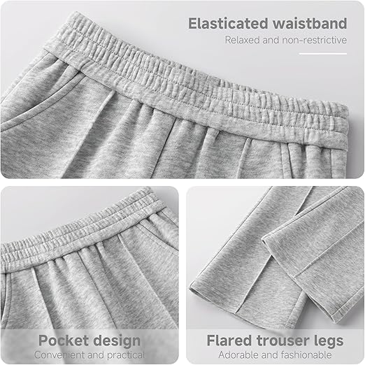 JiAmy girls flared school trousers for kids, elasticated waist cotton pants with pockets, casual bell bottoms for ages 5-6 years.